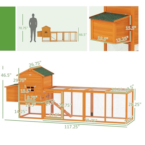 PawHut 118" Extra Large Chicken Coop Asphalt Roof for 3-6 Chickens Orange | Wooden Hen Run, Slide-Out Tray, Nesting Box, Hen Hutch - color: Orange