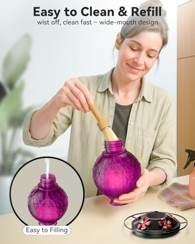 26Oz Hummingbird Feeder for Outdoors, Vintage Glass Bird Feeder with Perch, Durable & Easy to Clean, Hanging Nectar Feeder for Garden, Yard, Deck – Gifts for Women Mom (Violet) - color: Violet
