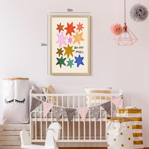 RLKHG Wood Framed You Are Magic Wall Art, Colorful Star Nursery Decor, Inspirational Cute Kids Room Poster Print, Playful Modern Rainbow Star Artwork for Children's Bedroom Playroom 16x24 Inch - color: Star, size: 24"L x 16"W