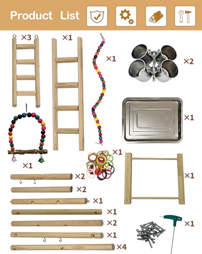 Bird Play Stand, Large Parakeet Playground, Natural Wood Parrot Perch Stand, Birds Play Gym Cockatoos Cage Accessories with Feeder Cups Swings for Cockatiel Budgie Conure
