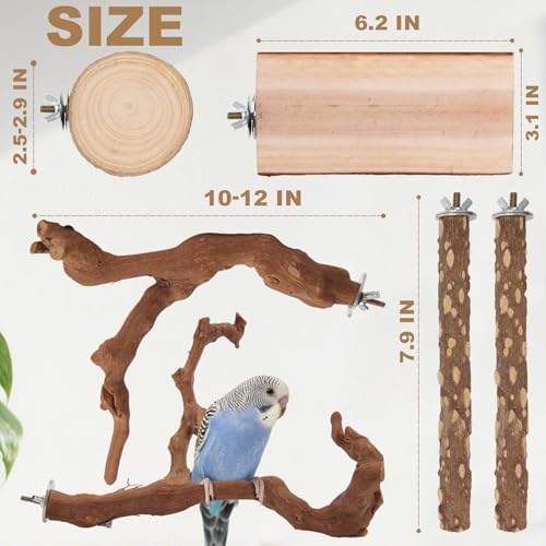 Parrot Perch Bird Perch Stand Set Natural Wild Wood Grape Sticks Paw Grinding Fork Parakeet Climbing Standing Branches Toys Cage Accessories for Conure,Cockatiels Lovebirds,Budgies Chewable 6PC