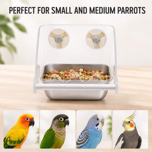 No Mess Bird Cage Feeder Large Capacity Stainless Steel Bird Feeder | No Mess Birds Food Bowl Stainless Steel Birds Bowls with Anti-Slip Perch Stand for Parakeets Budgies Parrots Cockatiels
