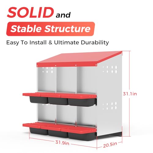 Garvee 6-Hole Chicken Nesting Box with Removable Lid, Metal Chicken Coop with Roll Away Design/Easy Egg Collection/Ventilation Holes, for Chicken Coops, Duck Coops and Hens (RED) - color: RED, size: 6-Hole