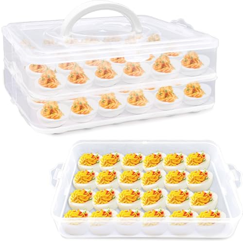 2 Layers Deviled Egg Containers with Lid,48 Slots Deviled Eggs Holder with Handle,Plastic Egg Tray,Portable Egg Storage Carrier Platter for Easter,Thanksgiving Day,Party,Picnic - style: 2-layer 48egg
