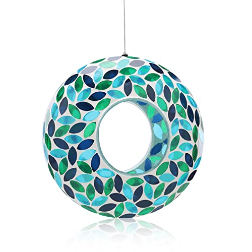 VCUTEKA Mosaic Bird Feeder Fly Through Hanging Birdfeeders for Garden Decor | 10 inch Mosaic Glass Bird Feeeder for Outdoors, Round Shape Glass Container to Attract Wild Birds for Backyard Porch Decor - color: Green-2