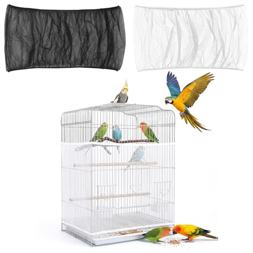 2 Pcs Bird Cage Seed Catcher,Adjustable Elastic Bird Cage Skirt Breathable Nylon Mesh Seed Catcher for Birds Cages Budgie Parrot Parakeet Enclosures(Black,White)