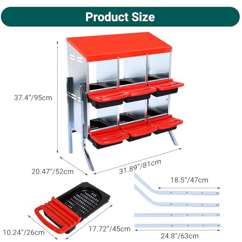 6-Hole Chicken Nesting Box with Removable Lid, Metal Chicken Coop with Roll Away Design/Easy Egg Collection/Ventilation Holes, for Chicken Coops, Duck Coops and Hens - color: Red, size: 6 holes with legs