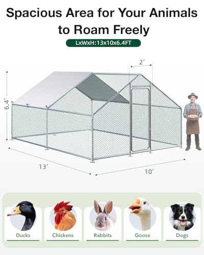 Esright Metal Chicken Coop Run, 13x10 Ft, Spire Roof | Rust-Resistant Galvanized Steel Tube with Wire Mesh, 420D Oxford Fabric Waterproof Cover - size: 156.0"L x 120.0"W x 76.8"H