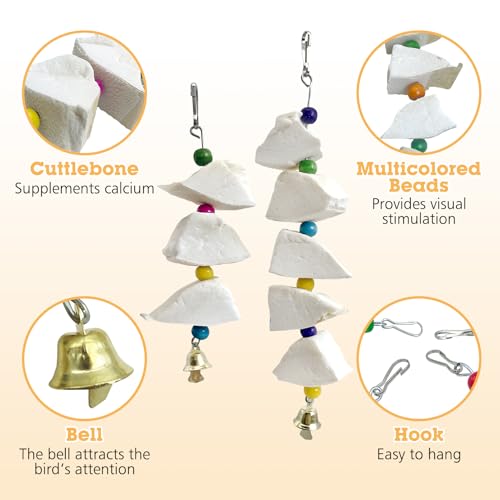 BNOSDM Bird Toys with Cuttlebone 4 Pack Hanging Cuttle Bone Chew Toys Natural Bird Beak Grinding Stone Parakeet Calcium Toys Bird Cage Accessories for Budgies Cockatiels Lovebirds Conures Parrots (9)
