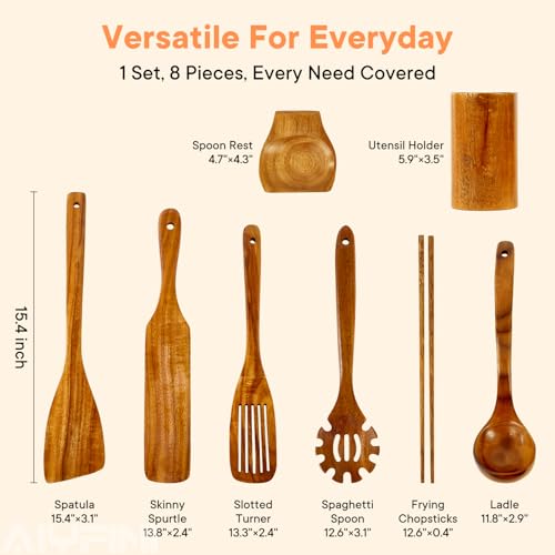 Non-Toxic Wooden Kitchen Utensils Set, 15.4" Long Handle Wood Spatula for Cooking, Egg Flipper Fish Turner Spatula for Non Stick Frying Pan, with Chopsticks, Soup Ladle, Pasta Spoon, Holder, Rest