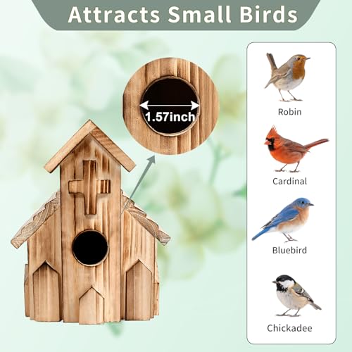 Church Birdhouse for Outside, Wooden Hanging Bird Houses, Weather-Resistant Garden Decor for Bluebird,Sparrow,Finch,Cardinal, Outdoor Bird Nest Box with Predator-Proof Entrance Hole