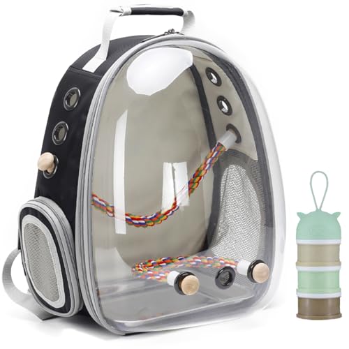 Bird Traval Carrier Cage, Clear Space Capsule Astronaut Backpack to Carry Parakeet Cockatiel Parrot with Metal Tray Bird Feeder Wood Perch, Vet Transport Bag - color: Black