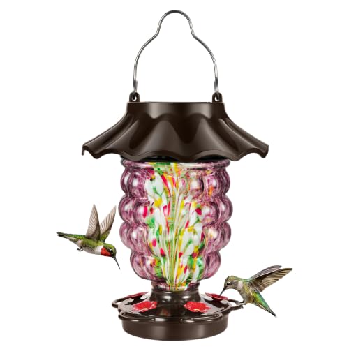 LUJII Solar Hummingbird Feeder for Outdoor Hanging, RGB Illuminated Hand-Blown Glass Lantern, 35 fl.oz, Leak-Free & Rust-Resistant, Metal Cap with 5 Feeding Ports, Pineapple Design, Purple - color: Purple