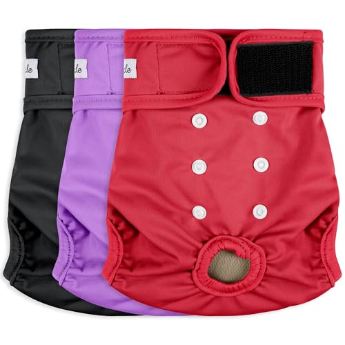 Female Dog Diapers - Reusable Diapers for Doggie in Heat - Highly Absorbent for Pet Incontinence with Adjustable Snaps (Pack of 3) Red, S