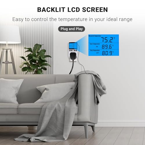 INKBIRDPLUS Plug in Thermostat Temperature Controlled Outlet Digital Thermostat Outlet Heating Cooling Control Timer 1800W 110V 15A Backlit Display (TC/Timer) - style: Temp