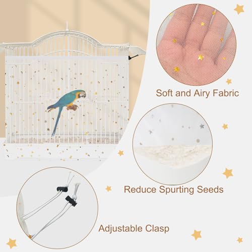 Bird Cage Cover, 60-118'' Large, 31.5'' H Adjustable Nylon Mesh Net, Soft Airy, White, Starry Sky Pattern, Drawstring, Breathable, Hand Wash Only - color: White, size: Large