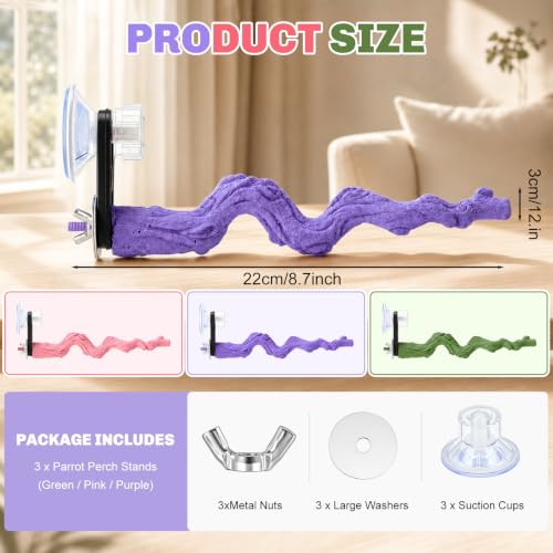 3 Pcs Dual-use Bird Perch with Rough Grinding Stone, Suction Cup & Screw Mount Window Perch Multi-Functional Bird Perches for Small and Medium Birds Cage, Wall, Bathroom and Car Travel