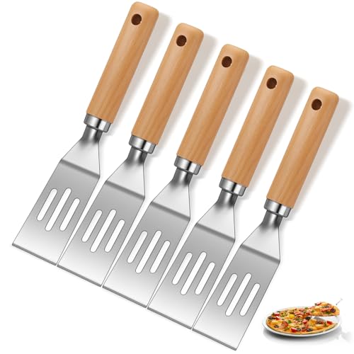 Patelai 5 Pack Mini Spatula, Small Stainless Steel Serving Spatula for Brownies, Cookies, Eggs and Pancakes, Solid Blade, Offset Handle, Dishwasher Safe Kitchen Turner (Slotted,Wooden Handle) - color: Wooden Handle, size: Slotted