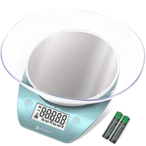 Etekcity Food Kitchen Scale with Bowl, 0.1g, Grams and Ounces | 11lb/5kg capacity with tare, removable bowl, ideal for baking, meal prep and portion control, Stainless Steel, Bright Blue - color: Bright Blue