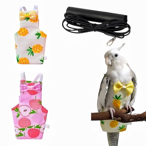 2 Pcs Bird Diapers Bird Harness Flight Suits Diapers with 80in Flying Leash Reusable Parrot Nappy with Waterproof Inner Layer for Cockatiel Budgie Conure Parakeet Lovebird-Apple&Pineapple