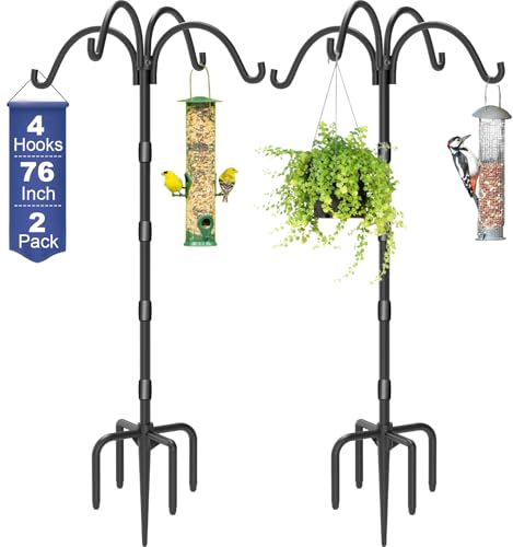 Upgrade 4-Hook Shepherds Hooks for Outdoor with Plastic Tube, 76" Heavy Duty Bird Feeder Pole with 5 Prongs Base, Adjustable Garden Hook for Solar Light, Hanging Plant, Wedding Decor, 2 Pack