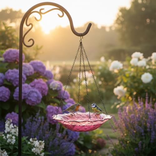 Bird Baths for Outdoors, 11" Pink Glass Birdbaths Outdoor Birdfeeder with Metal Stake - color: Pink with Hanging