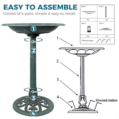 Bird Bath with Solar Fountain Tall Set - Large Resin Bird Bath for Outdoors Garden Decor - Heavy Duty Bird Baths for Clearance Made in USA - Perfect Addition to Your Backyard(Green) - color: green