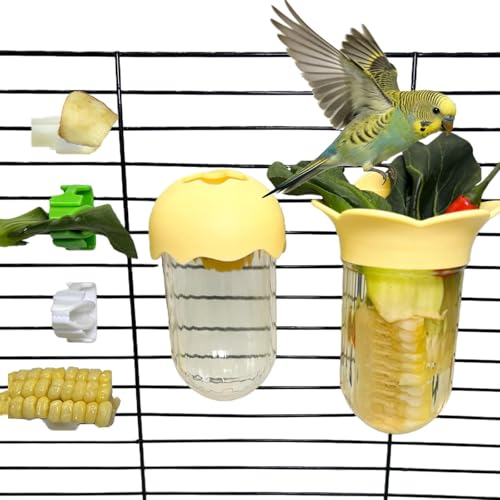 7 PCS Bird Cage Feeder for Vegetable Millet Holder Cage Accessories with Parrot Fruit Forks for Budgie Cockatiel Lovebirds Parrot - color: Yellow