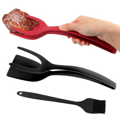 2 in 1 Egg Flipper Spatula Tong, 2pcs Non-Stick Frying Tongs with Silicone Brush Grip and Flip Spatula Tongs Home Kitchen Cooking Tool(3pcs)