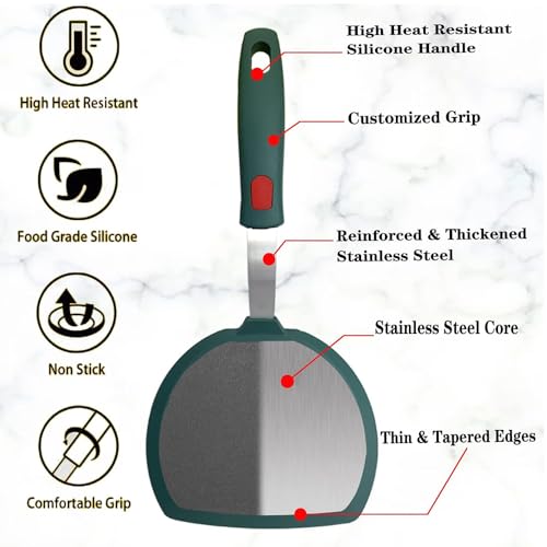 2Pcs Silicone Spatula Turner,Wide Pancake Spatulas utensils set for cooking,Heat Resistant Non-Stick Kitchen Use s for Flipping Pancakes, Omelettes, Fish,Dishwasher Safe.(Green) - color: Set of 2 Green