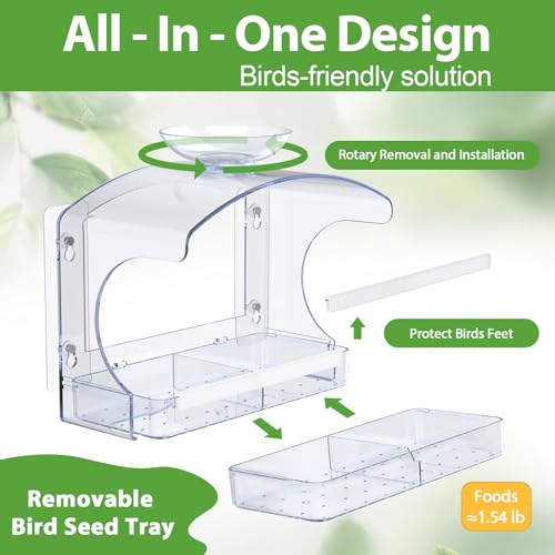 Clear Window Bird Feeder with Water Bowl | Self-adhesive hooks, brush for easy cleaning, ideal gifts for mom parents, clear design for close-up bird watching