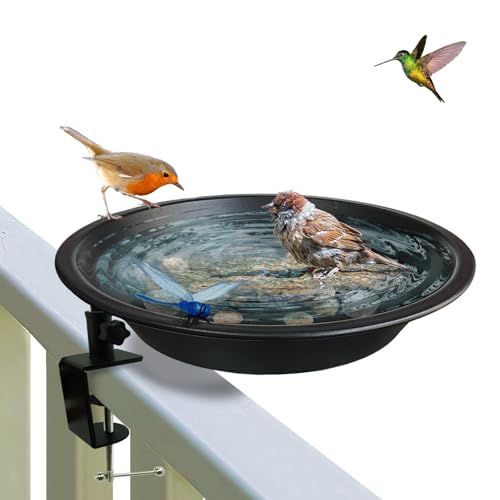 WANGIRO 11.5" 2-in-1 Bird Bath & Feeder Clamp-On Deck Mounted Frosted Black | Rust-Proof Bracket Sturdy Clamp Fits 2.5" Deck Rails Tool-Free Setup, Detachable Easy Clean for Outdoor Garden Patio Yard