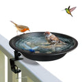 WANGIRO 11.5" 2-in-1 Bird Bath & Feeder Clamp-On Deck Mounted Frosted Black | Rust-Proof Bracket Sturdy Clamp Fits 2.5" Deck Rails Tool-Free Setup, Detachable Easy Clean for Outdoor Garden Patio Yard