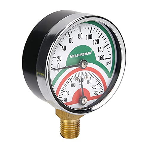 MEASUREMAN Tridicator, Thermo-Manometer, 2-1/2", 0-160psi/30-250 deg F, Black Iron Case, 1/4" NPT Lower Mount Pressure Gauge - size: Lower Mount-Dry