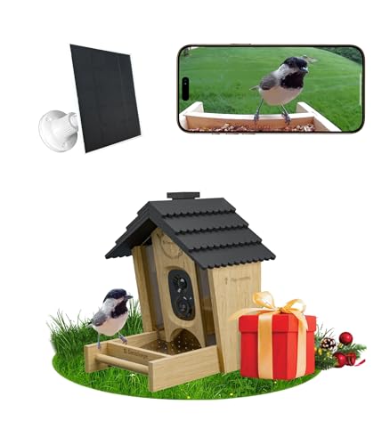 Smart AI Bird Feeder Camera, 2.5K HD Live View, Solar-Powered Wooden Outdoor Feeder with AI Recognition, Weatherproof, App Notifications - Ideal for Bird Lovers, Parents & Kids