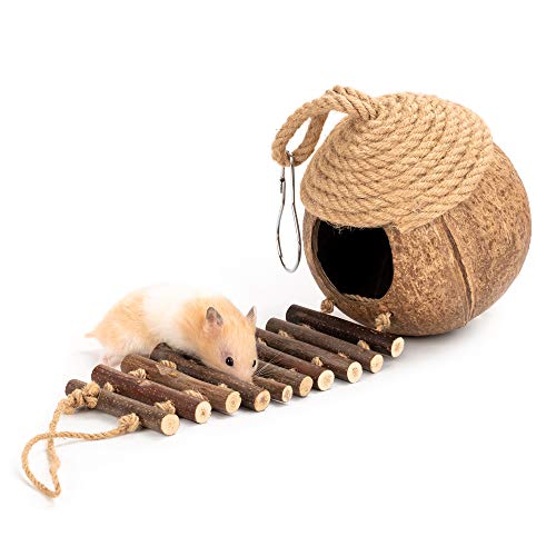 andwe Coconut Bird Nest Hut with Ladder | fits for Parrots Parakeet Conures Cockatiel Small Animals House Pet Cage Habitat