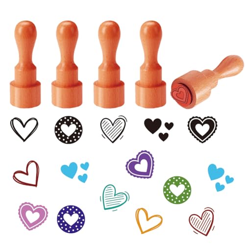 AHANDMAKER 5 Styles Heart Patterns Wooden Rubber Stamps, Love Heart Theme Round Handle Wood Stamps Mini Decorative Wooden Stamp for DIY Crafting Card Valentine's Day Gifts(No Ink Include) - style: Heart