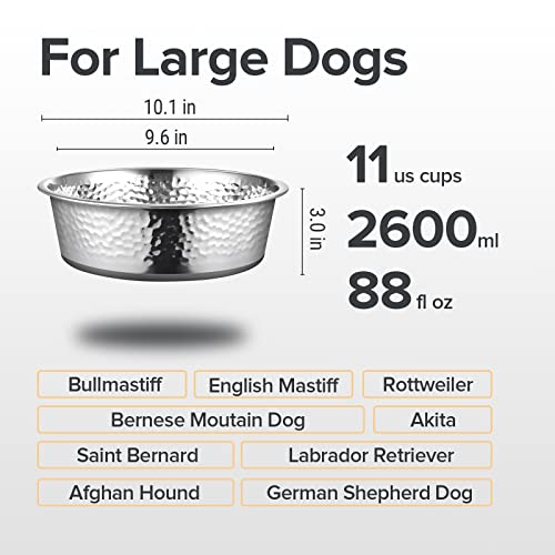 URBUDDIES 2 Pack Hammered Stainless Steel Dog Bowls, 11 Cup, Gray Bottom | Premium Metal Dog Bowls with Non Slip Rubber Bottom, Dishwasher Safe, Easy to Clean - size: 11-Cup