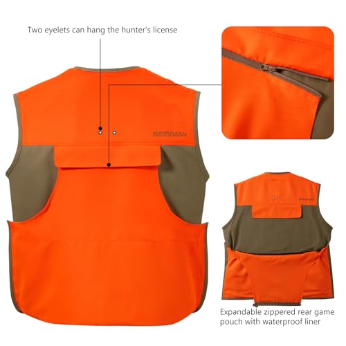 BASSDASH Upland Game Field Water-Resistant Bird Hunting Vest with Multi Pockets Men Women FV11 - color: Dark Khaki/Blaze Orange, size: 3X-Large