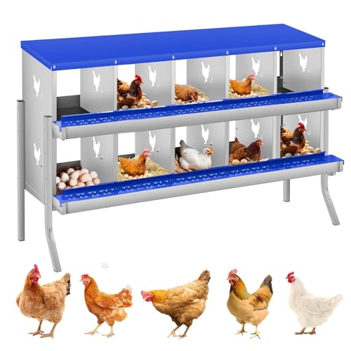 Garvee Chicken Nesting Box, 10 Compartments Nesting Box for Chickens, Galvanized Steel Chicken Laying Box for Easy Egg Collection, Wall Mounting - color: Blue | 10 Compartment+legs