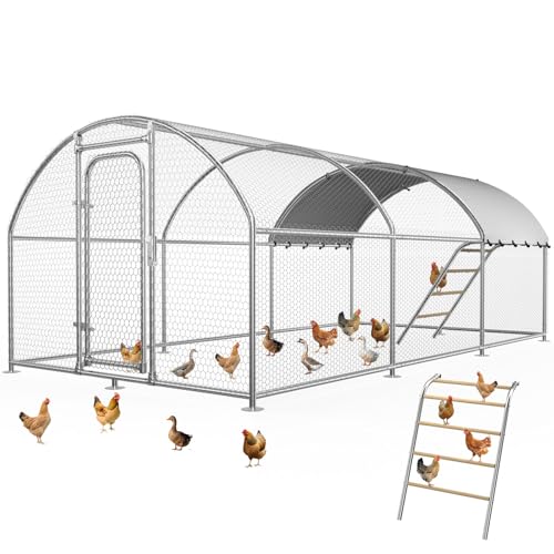 Large Metal Chicken Coop with Roosting Perch and Cover | Dome roof outdoor chicken run with UV protection cover and roosting perch, 19.7' x 9.8' x 6.4' poultry enclosure - size: 256.0"L x 120.0"W x 78.0"H