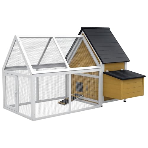 PawHut 65" Chicken Coop Wooden with Detachable Run, Outdoor Chicken House Poultry Cage Hen with Nesting Box, Removable Tray, Roosting Bars, Ramp, for Garden Backyard, Natural | Outdoor Chicken House Poultry Cage, Hen, Removable Tray, Roosting Bars, Ramp,