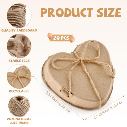 Heart Shaped 3 Egg Cartons with 20m Twine, Cardboard Egg Cartons Boxes for DIY Valentine’s Day Gifts, Rustic Egg Packaging Containers for Easter Valentines Farmers Market Baby Shower (20)