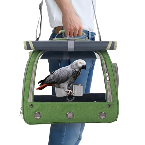 Bird Carrier Parrot Travel Cage with Perch, Food Bowl, Tray and Breathable Clear Window, Bird Travel Bag for African Gray Cockatiel Caique Conure Quaker, for Vetting Camping Hiking (Green) - color: Green