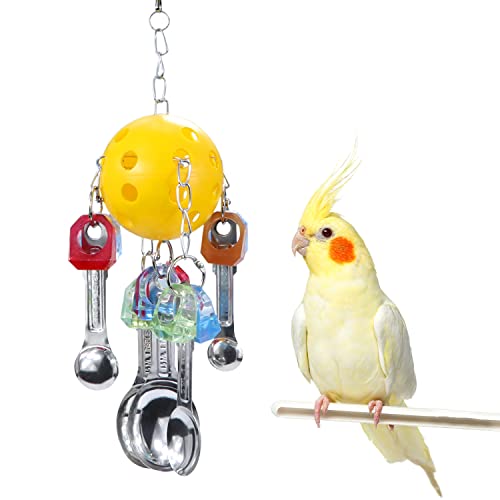 Litewoo Bird Chew Toy Metal Spoons Hanging for Parrot Macaw | 5 metal spoons, colorful acrylic flower, durable chew toy, cage hanging swing, for parrots/cockatoos/african grey/conure - color: A - Spoon Toy