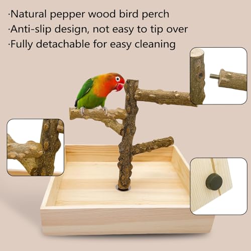 Natural Wood Bird Perch Stand Playground Parrot Toys Bird Cage Accessories | Portable Tabletop parrot perch with Potty Tray,Climbing Training Platform for Parakeets Lovebirds Canaries Cockatiels Conure