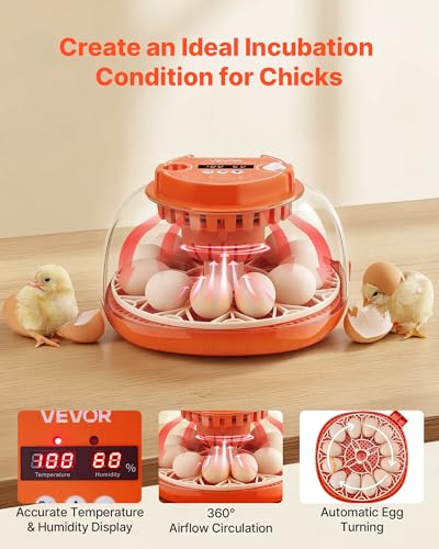 VEVOR 12 Egg Incubator, Automatic Egg Turner with LED Candler, Temperature & Humidity Control, 360° View Clear Window, Poultry Eggs Incubator for Home Farm, Hatching Chicks Ducks Goose Quail - size: 12 Eggs