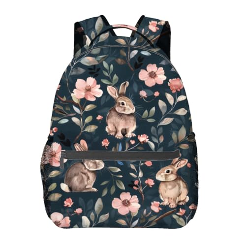 Cute Bunny Backpack,Adorable Rabbit Floral Polyester Backpacks,Lightweight Double Shoulder Back Pack for Girls Women,Blossom Dark Bookbag,School Bag Gifts,Casual Travel Daypack Book Packs - color: Bunny