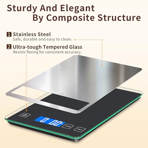 Food Scale, 33lb Kitchen Scale with 1g Precision, Rechargeable Black | Premium Stainless Steel & Tempered Glass, Splash-Resistant Sturdy Surface, USB-C or Batteries, for Cooking, Baking, Meal Prep - color: Rechargeable-Black