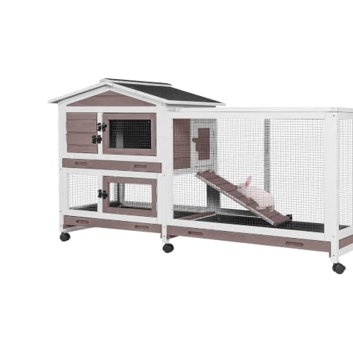 GUTINNEEN Rabbit Hutch with Chew-Resistant Ramp Indoor Bunny Cage Outdoor Guinea Pig Cage with Wheels and Leakproof Tray - size: 62.0"L x 22.6"W x 33.5"H